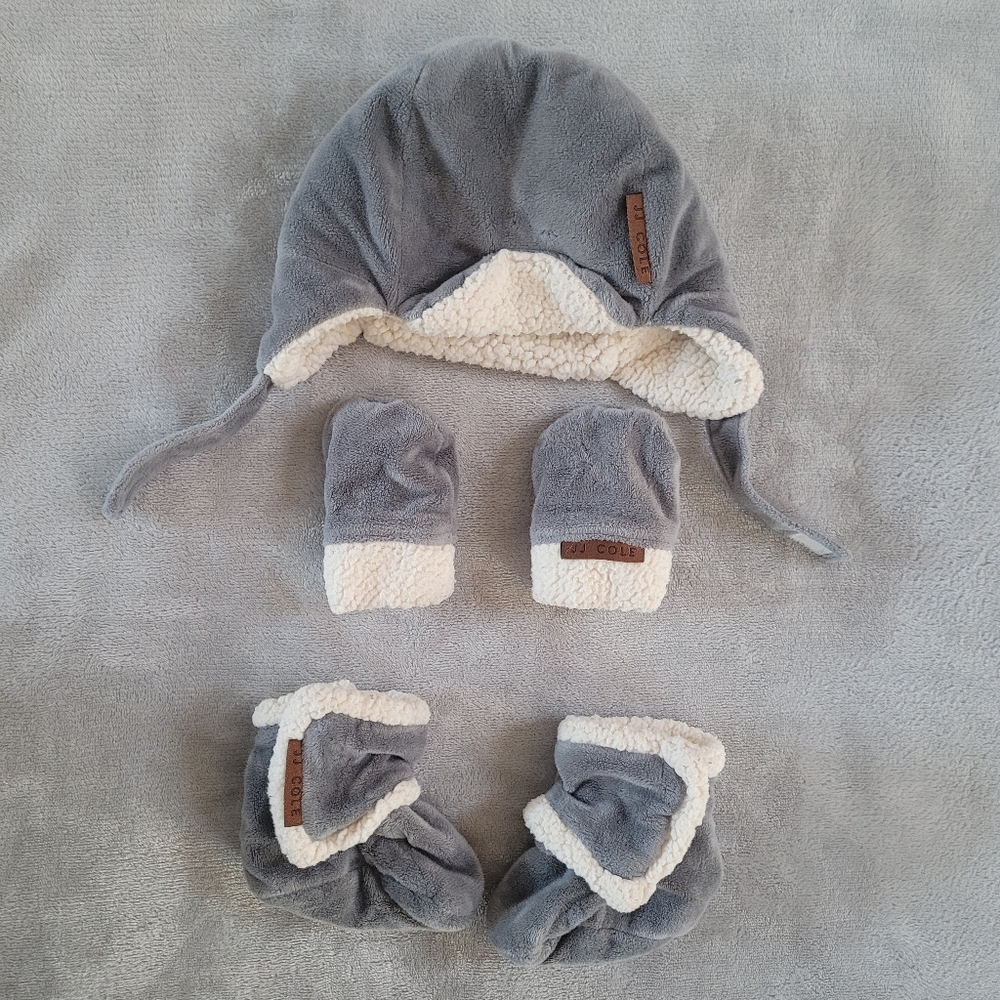 🧸2/20$ JJ Cole Baby Bomber Hat Mitten Bootie Set 0-6M Baby Boy Winter